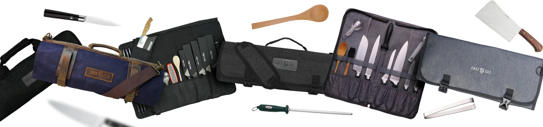 Assorted 'Chef Sac' knife bags on white background with kitchen tools and utensils