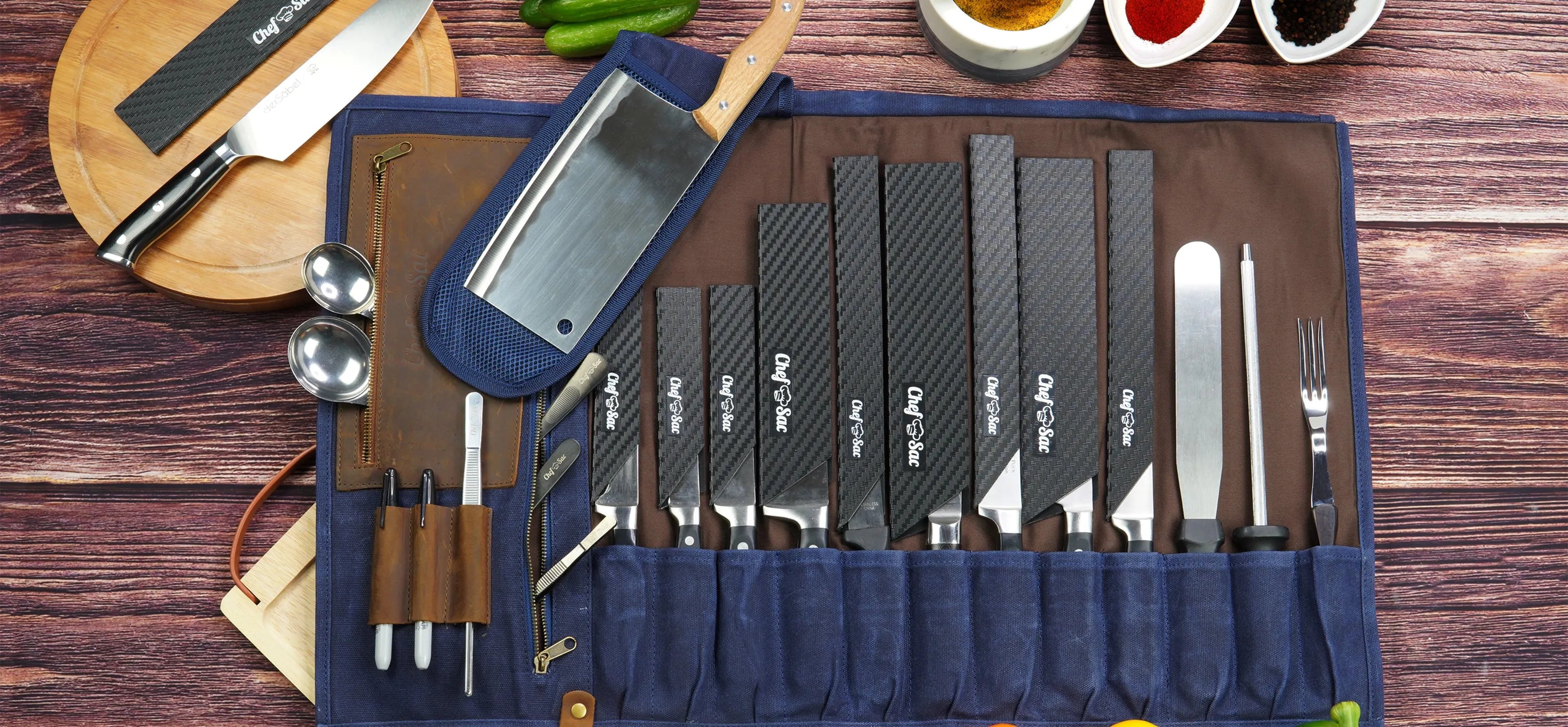 chef sac leather knife roll bag fully opened