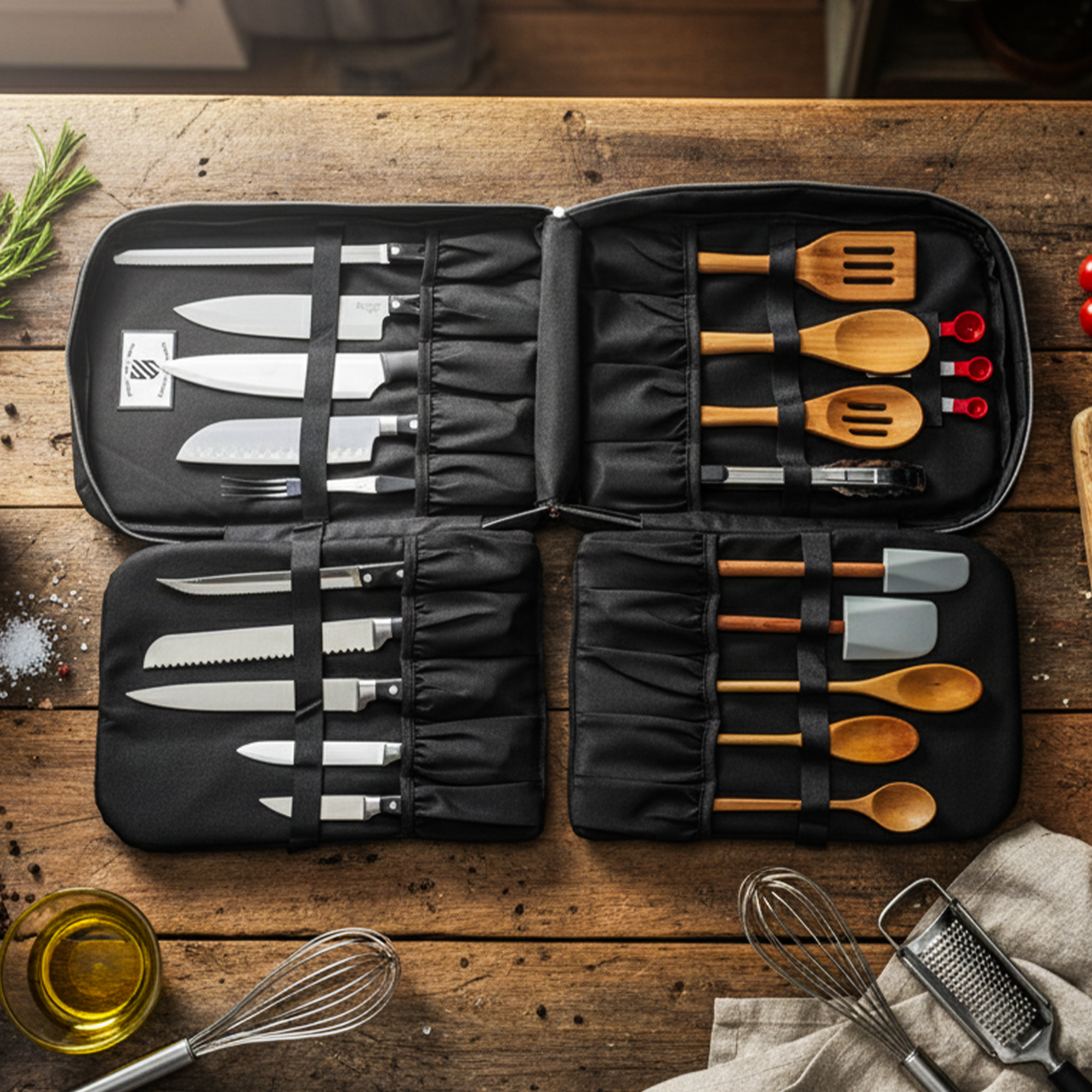 Set of knives and cooking utensils in a black opened chef backpack on a wooden surface.