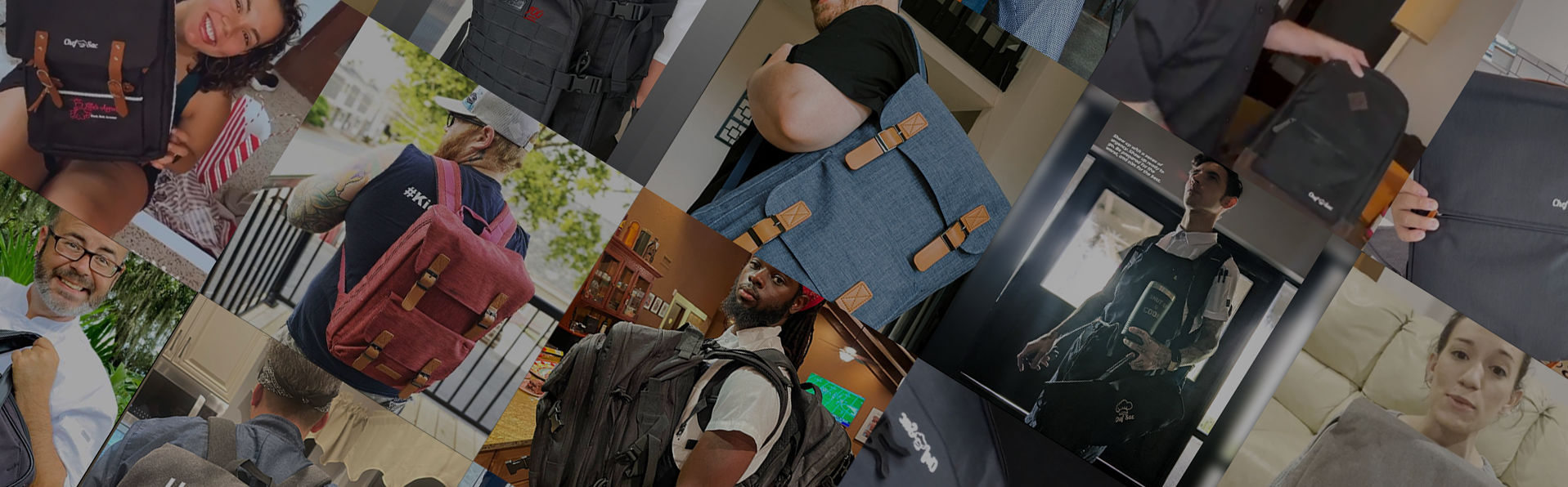 collage of customers with 'Chef Sac' chef knife bags and chef knife backpacks