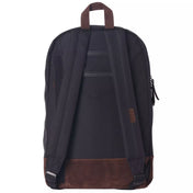 Black backpack back side with empty name card holder and brown leather accents on a white background