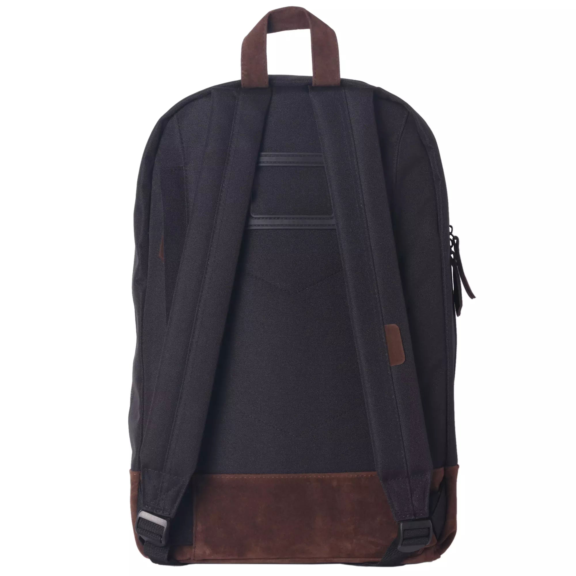 Black backpack back side with empty name card holder and brown leather accents on a white background