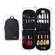 Black chef backpack with visible branding, 'Chef Sac' with open tool organizer showing knives and utensils and dimensions on a white background