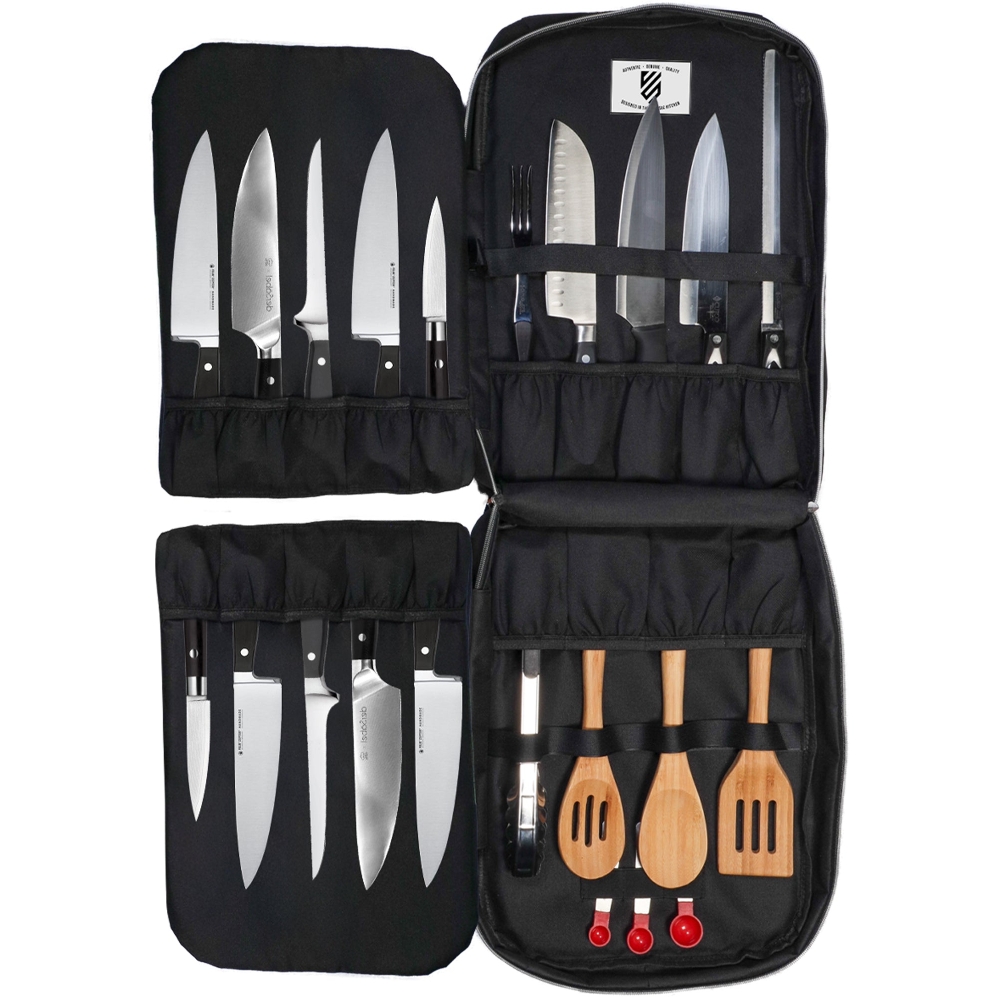 Set of knives and wooden utensils in a black chef backpack on a white background