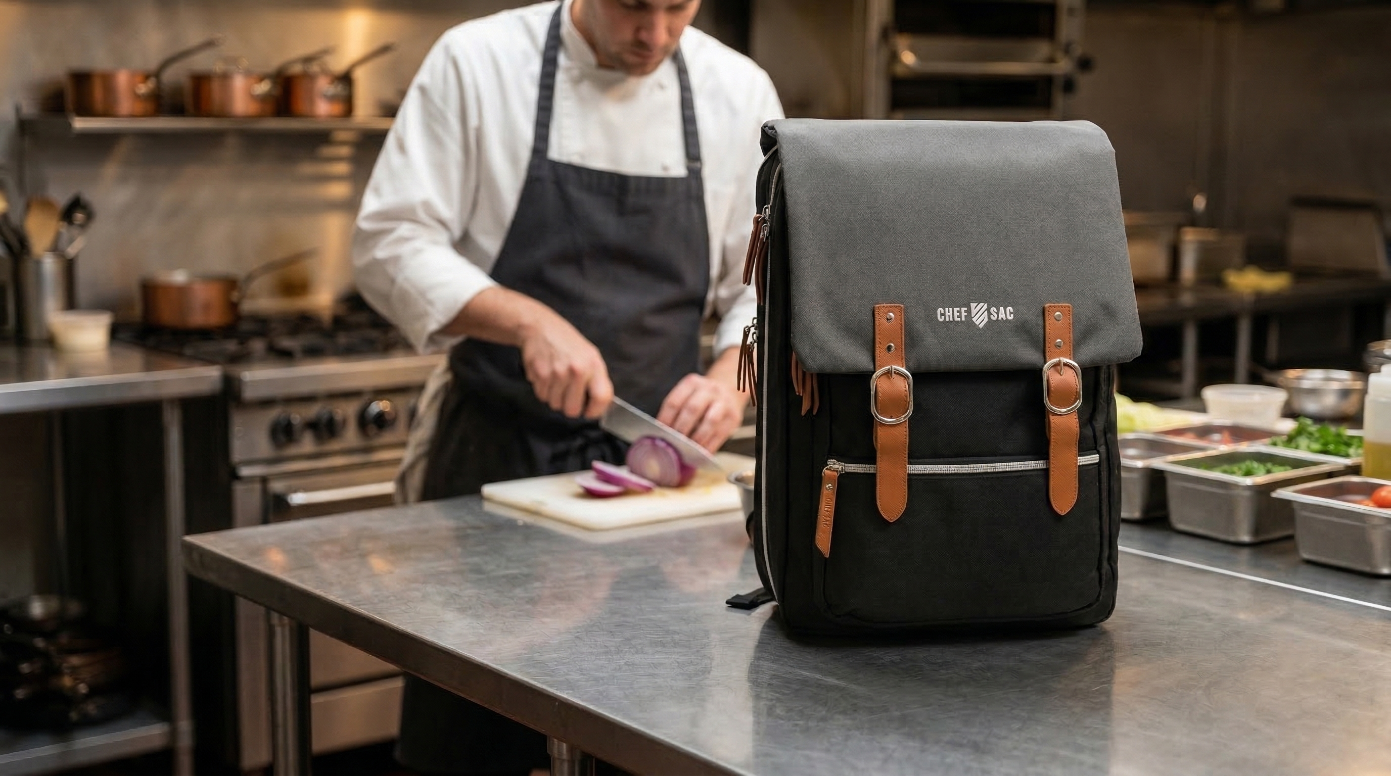 Chef preparing food in a kitchen with a chef backpack with visible branding, 'Chef Sac' on the counter