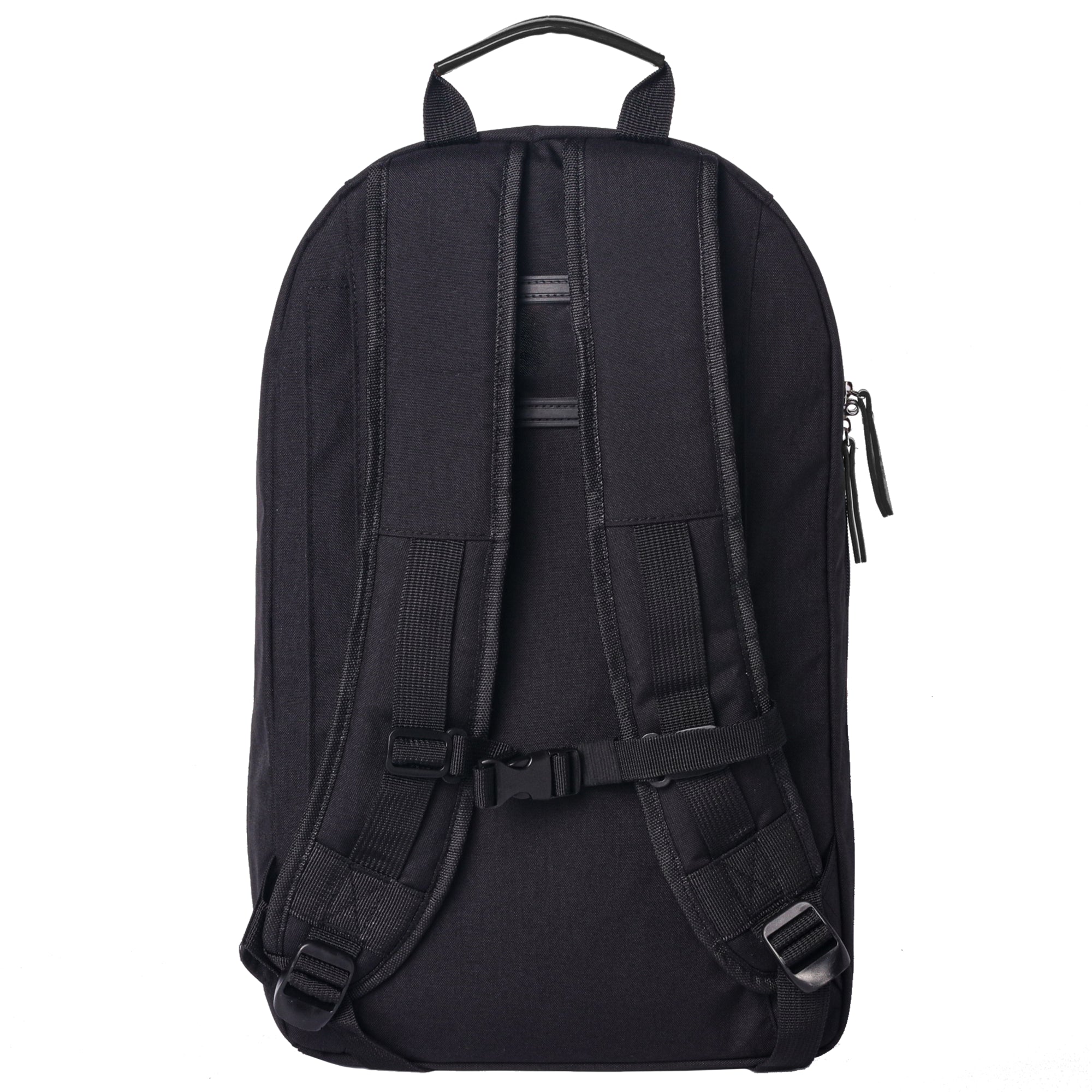 Black chef backpack backside with shoulder straps and name card holder on a white background