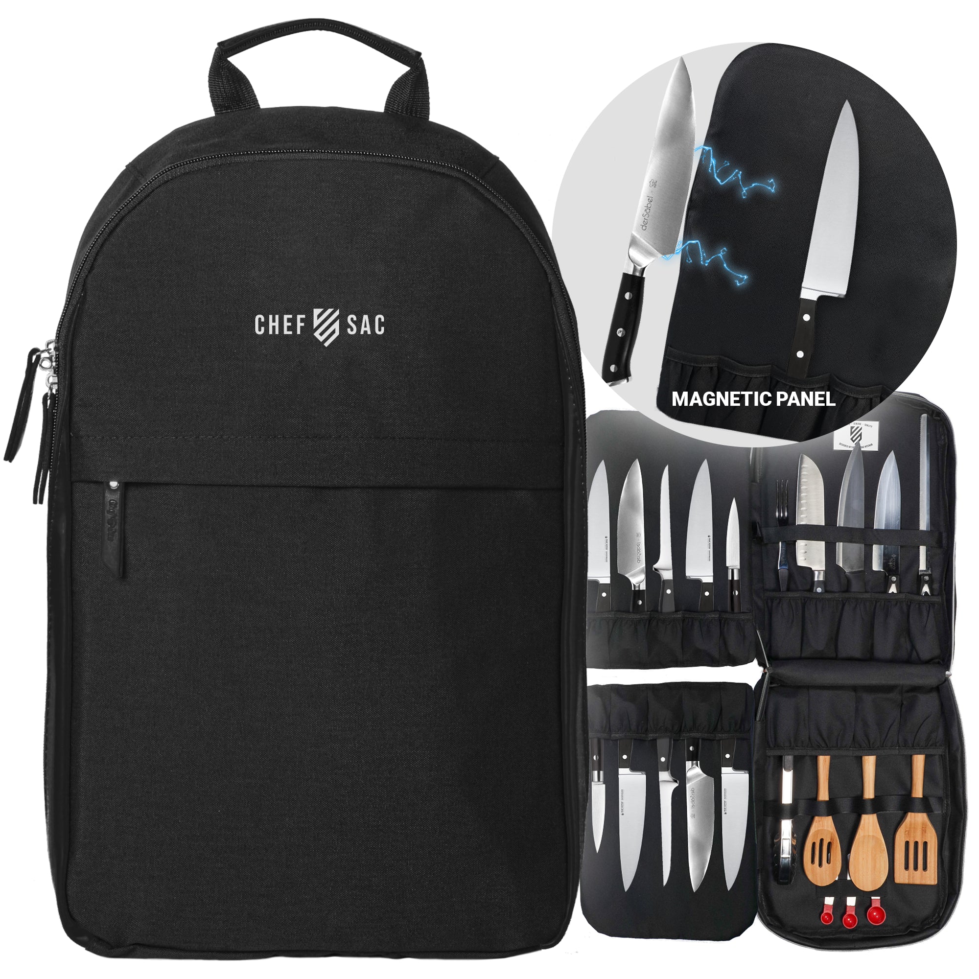 Black Chef Sac backpack with magnetic panel and knife set, featuring the brand 'Chef Sac'.