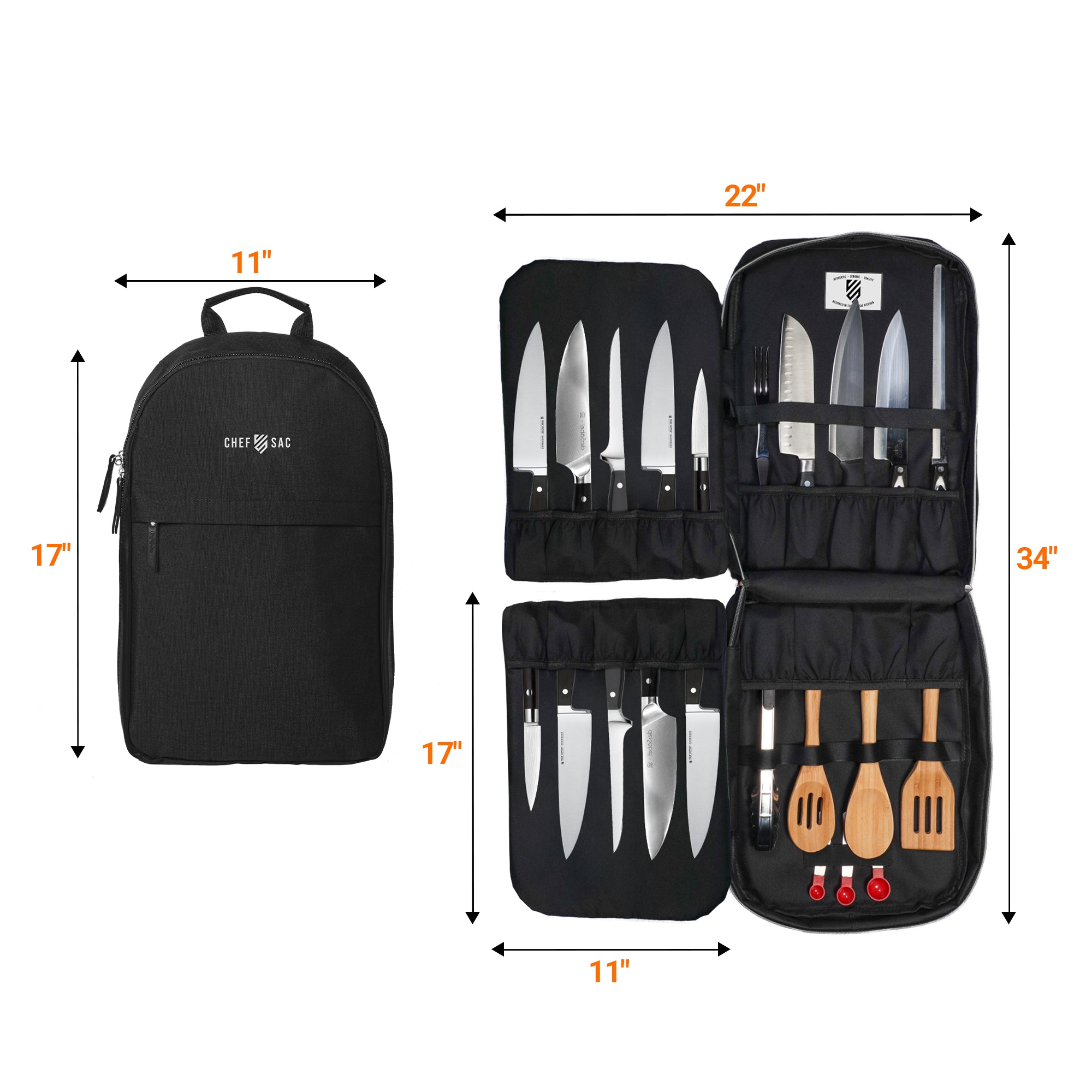 Black chef bag with branding 'Chef Sac' with knife and utensil sets, showing dimensions on a white background