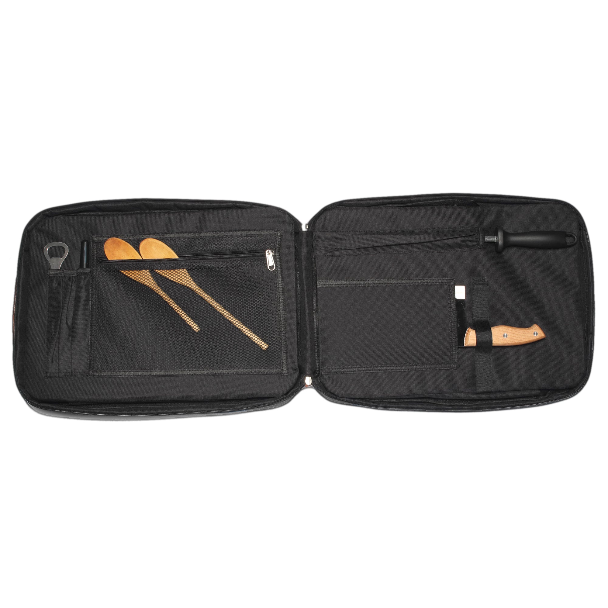 Black chef backpack opened with wooden utensils on a white background 