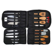 Set of knives and cooking utensils in a black carrying open chef backpack on a white background