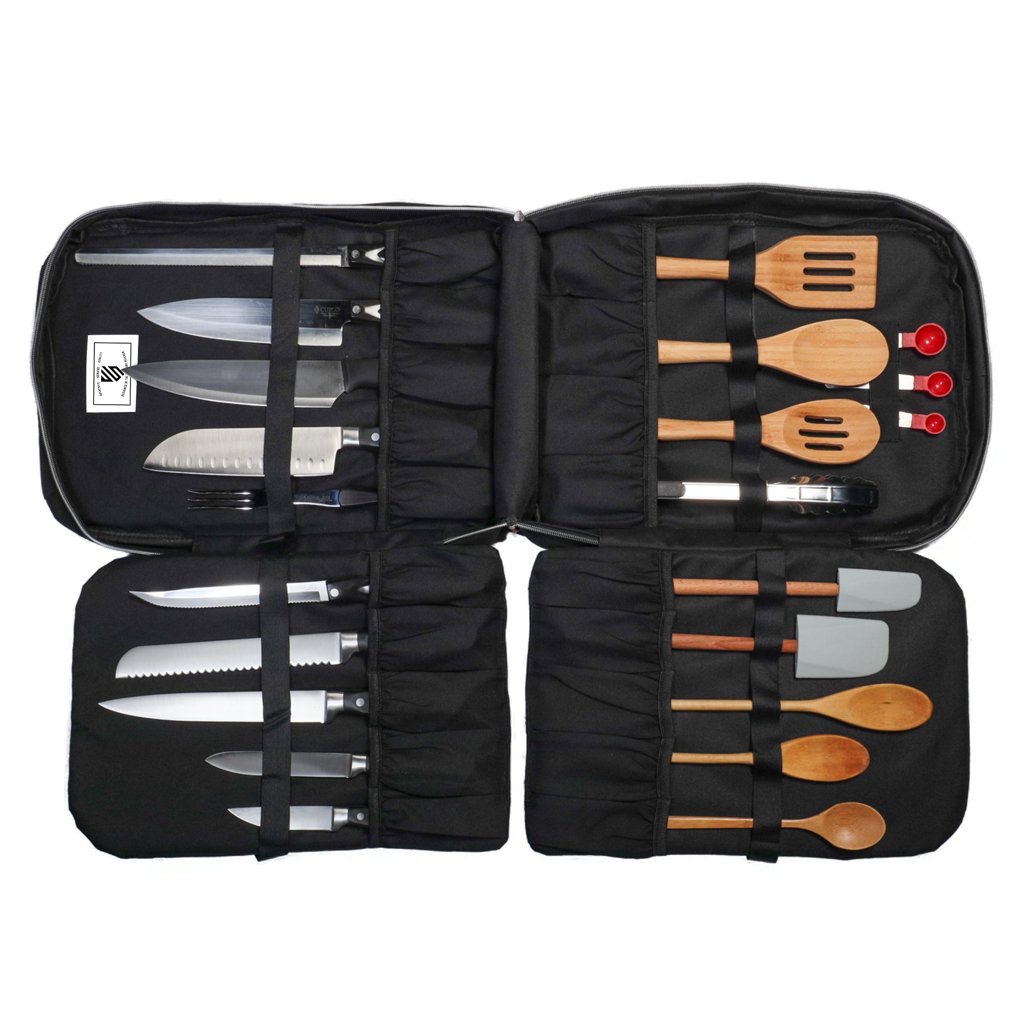 Set of knives and cooking utensils in a black carrying open chef backpack on a white background