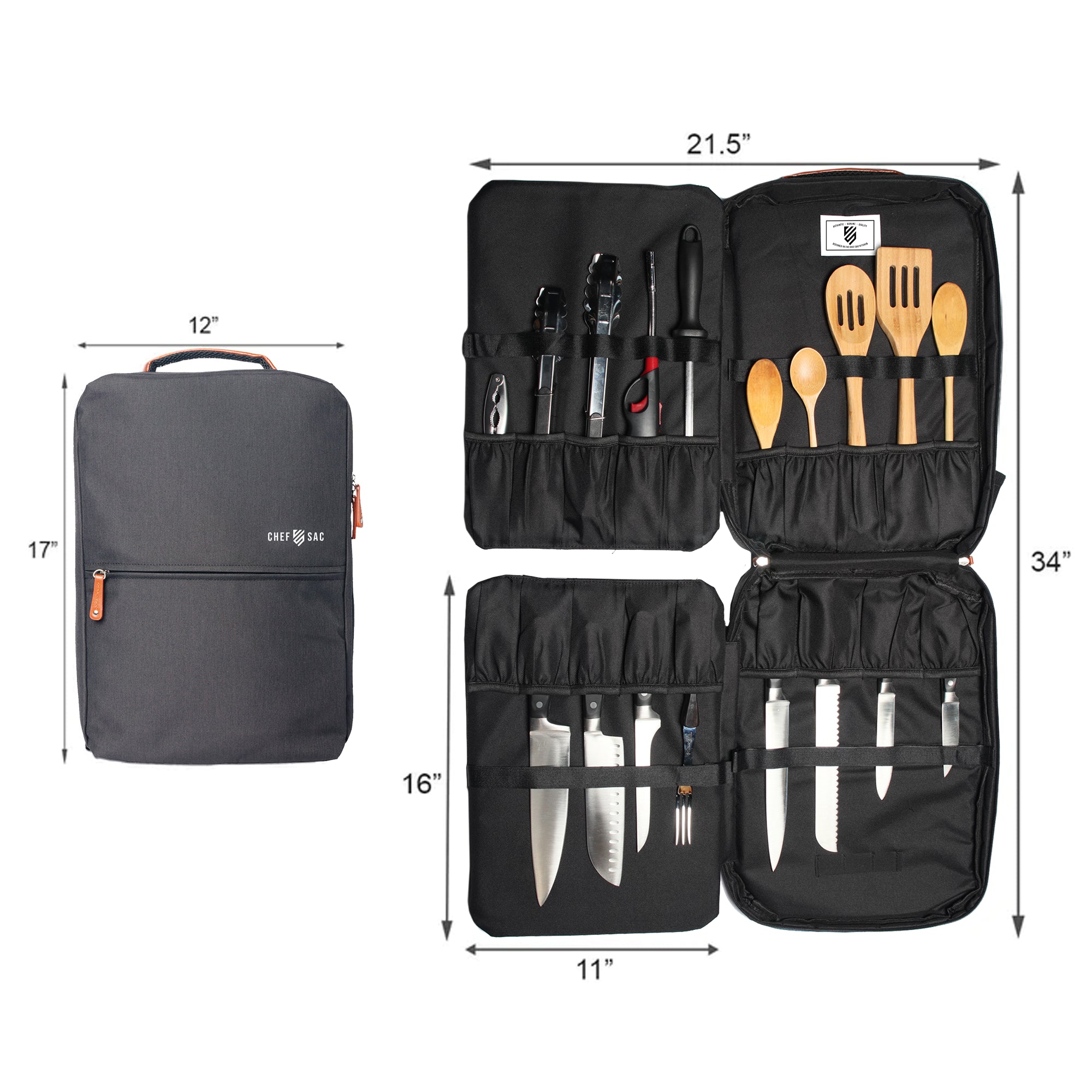 Black chef backpack, visible branding logo 'Chef Sac' with open panels and compartments for kitchen utensils, knives, and tools, including dimensions.
