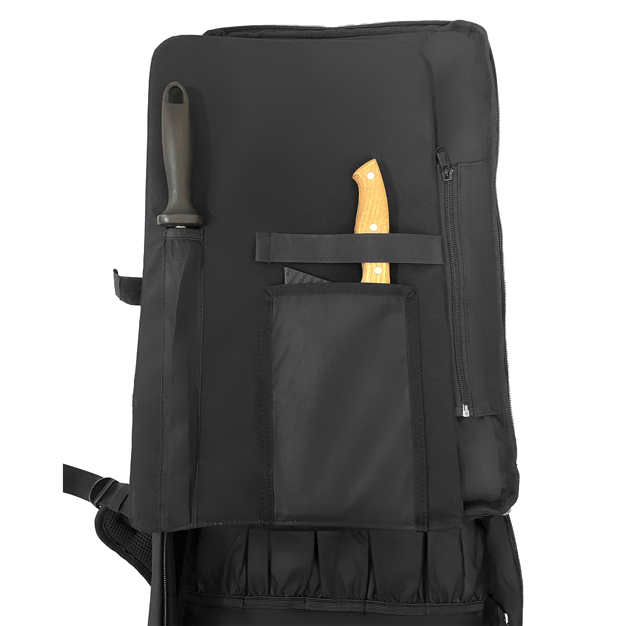 Black chef backpack with a pocket containing a wooden-handled knife and a pocket containing honing rod on a white background
