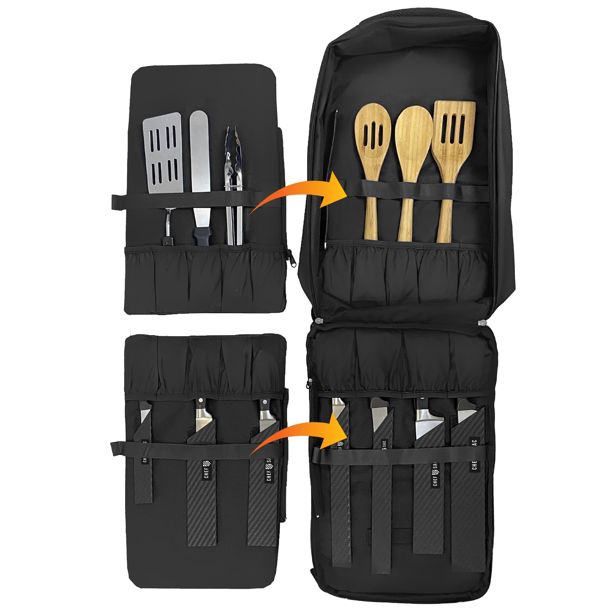 Black chef backpack with detachable panels for kitchen knives and utensils on a white background