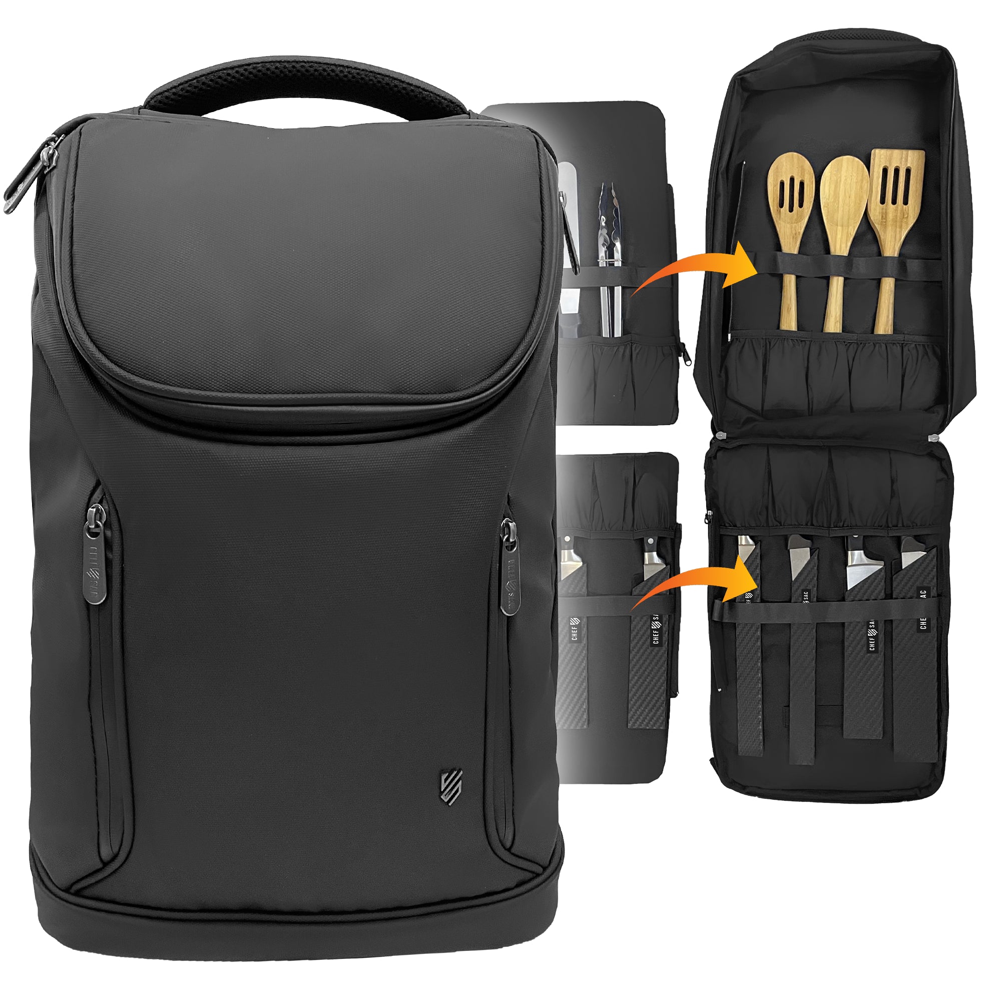 Black chef backpack with detachable panels for tool set and utensils on a white background