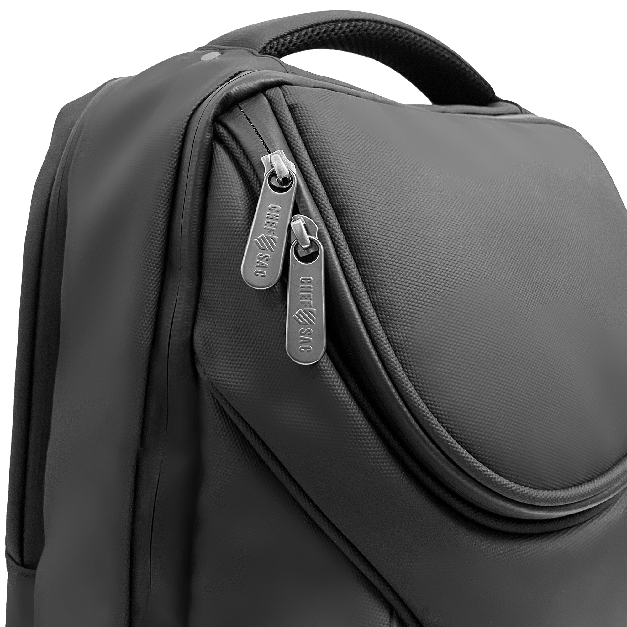 Black chef backpack with a visible brand logo 'Chef Sac' on zipper pulls on a white background
