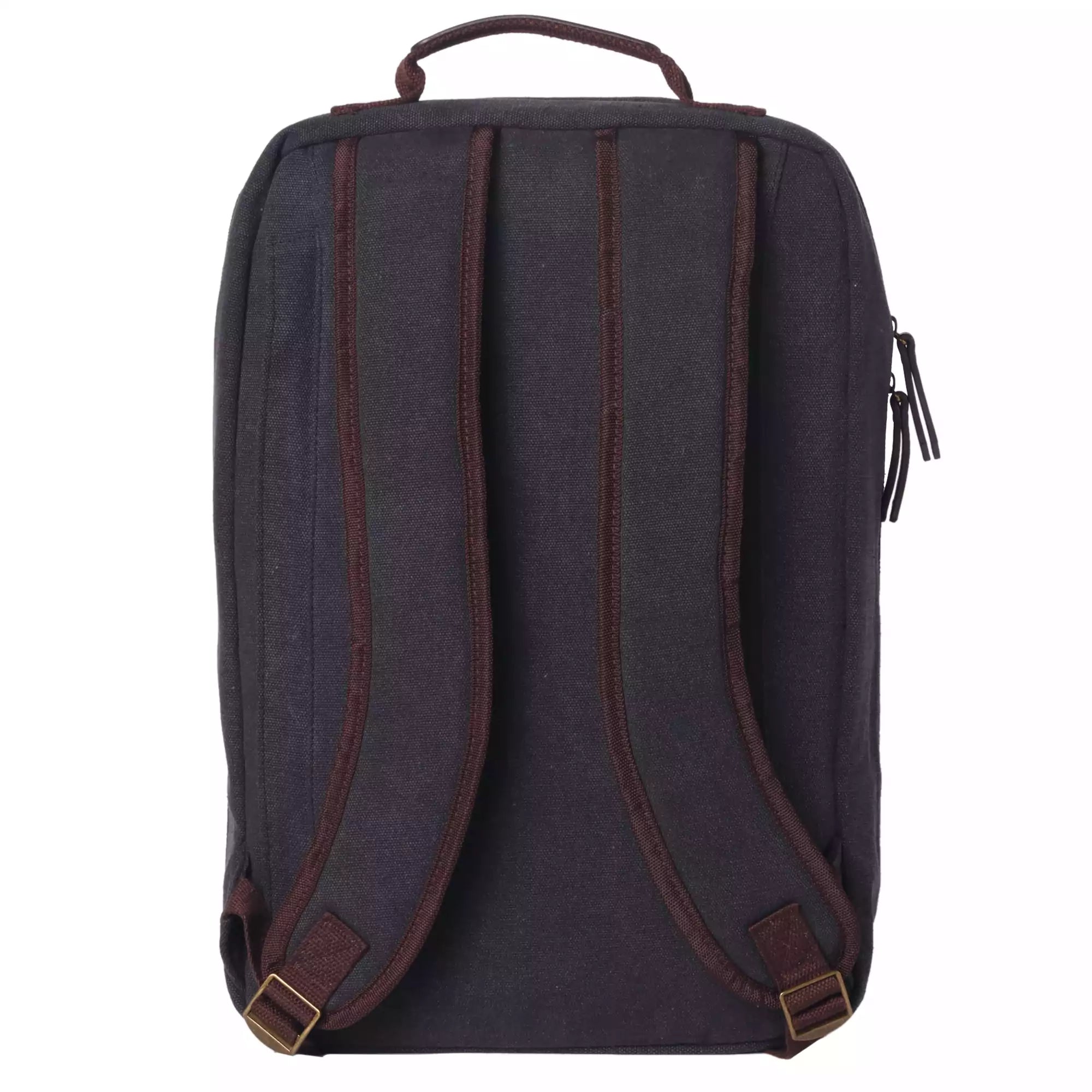 Back of backpack and shoulder straps with brown accents on a white background