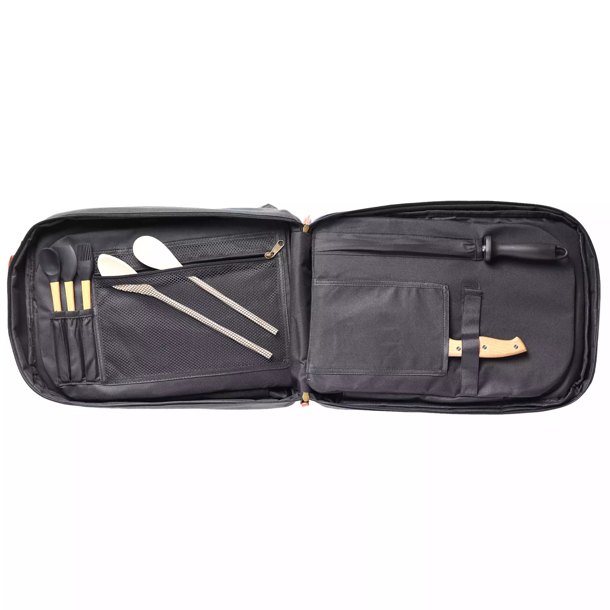 Black open chef backpack with utensils and tools in pockets and slots on a white background