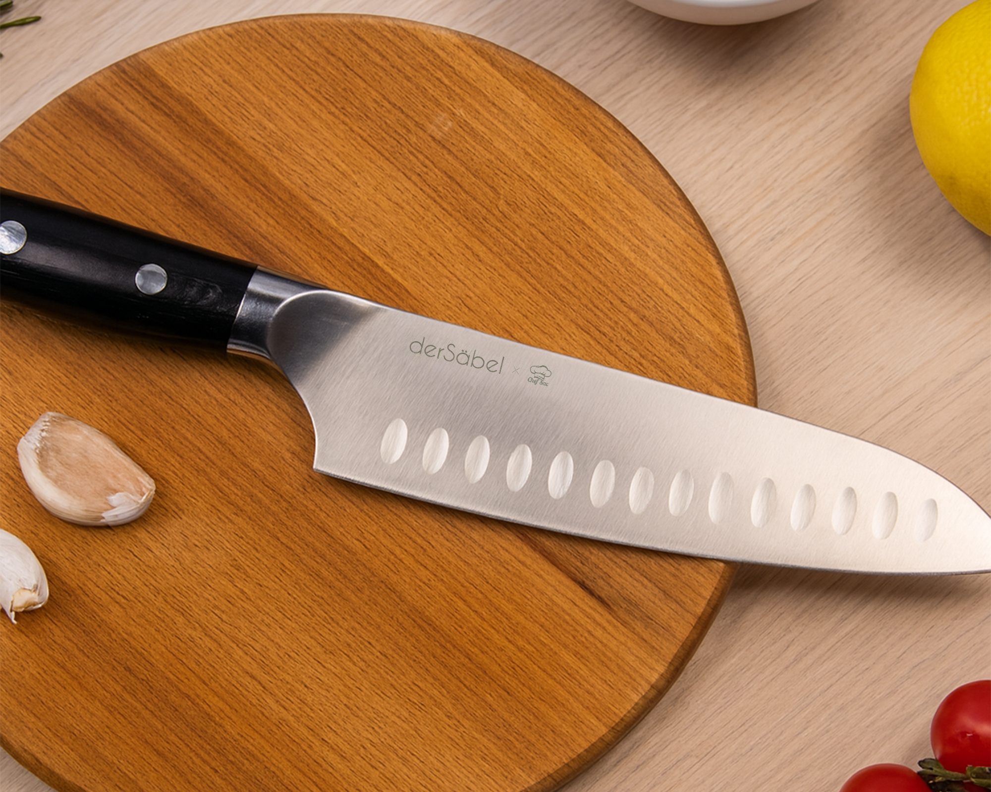 Santoku chef knife on a wooden cutting board with vegetables on a light wood background