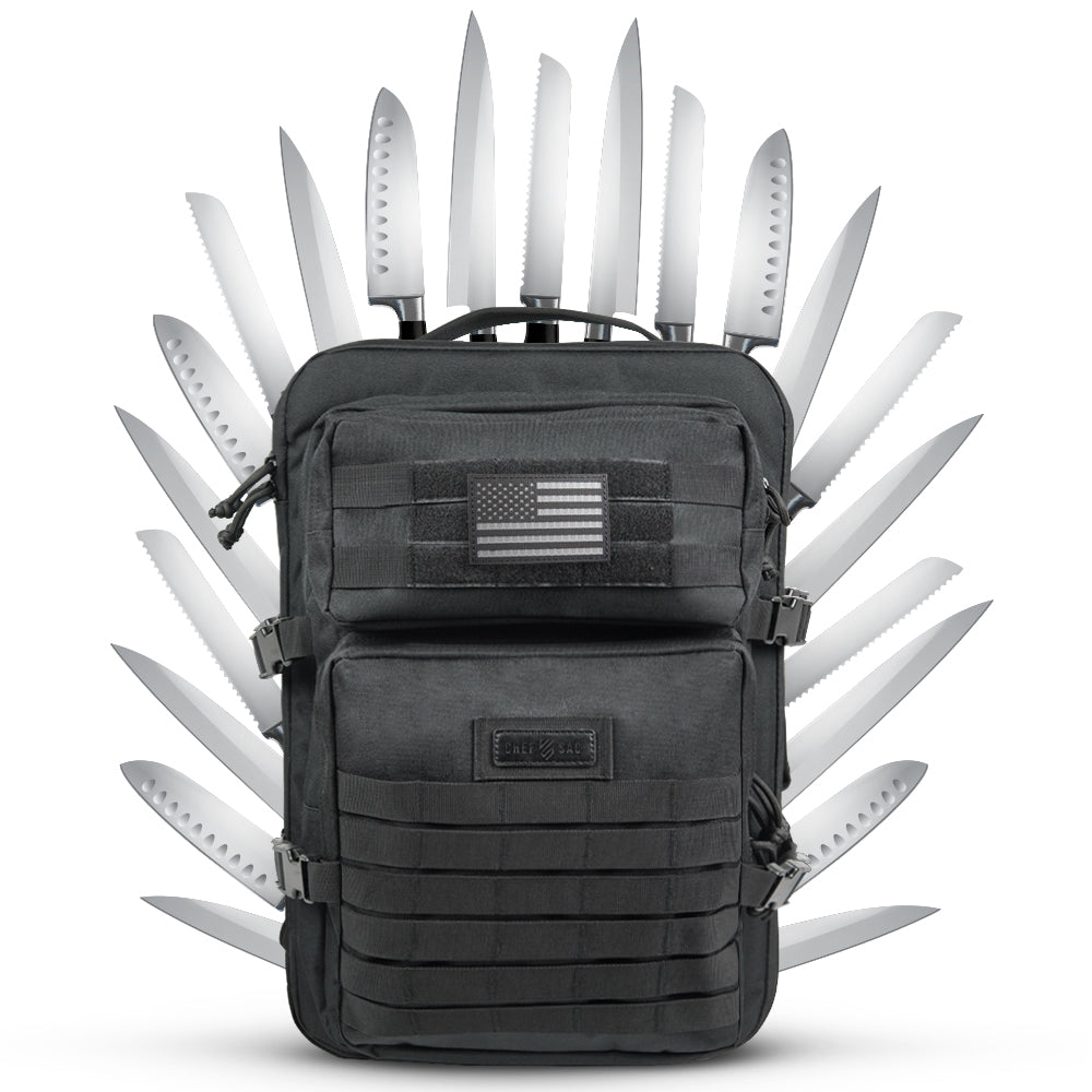 Black tactical backpack with branding, 'Chef Sac', on a throne made of knives with an American flag patch.