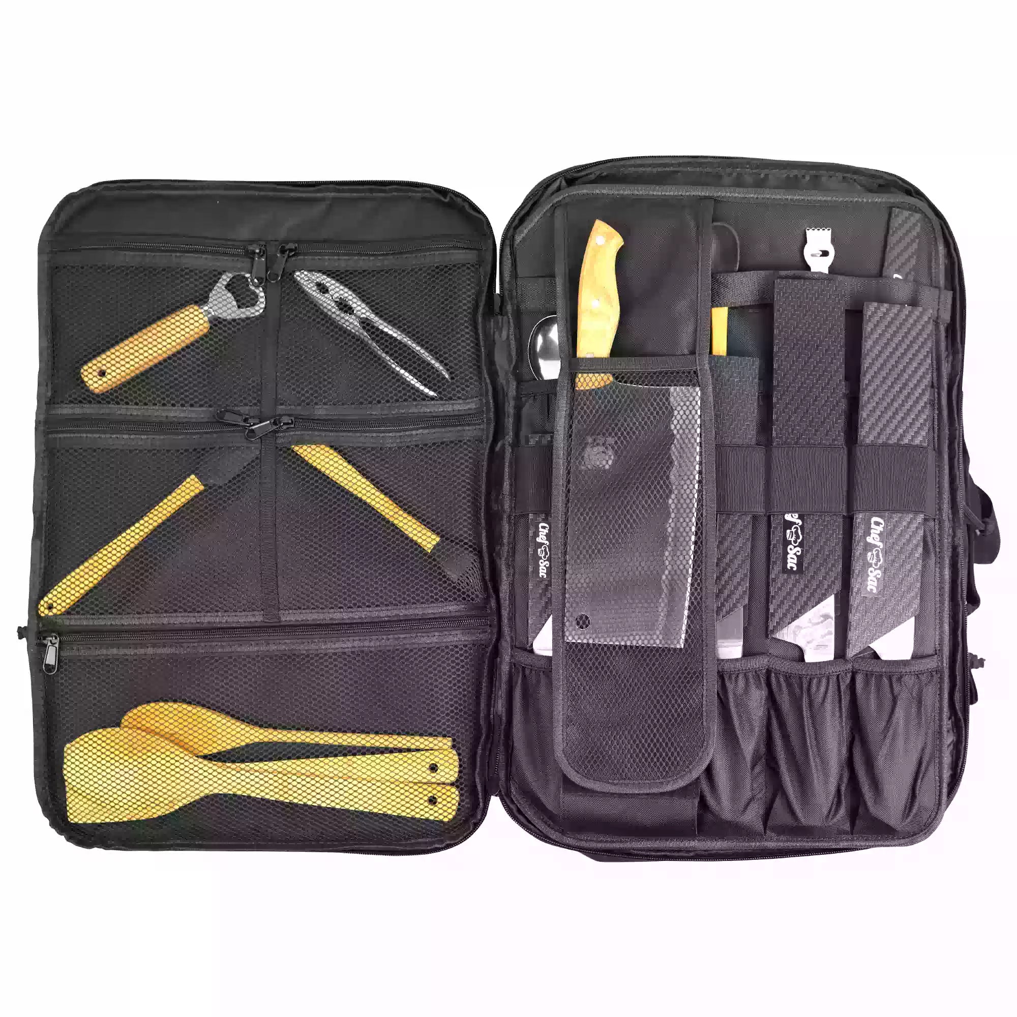 Black chef bag with knives covered by knife guards and utensils in mesh pockets on white background