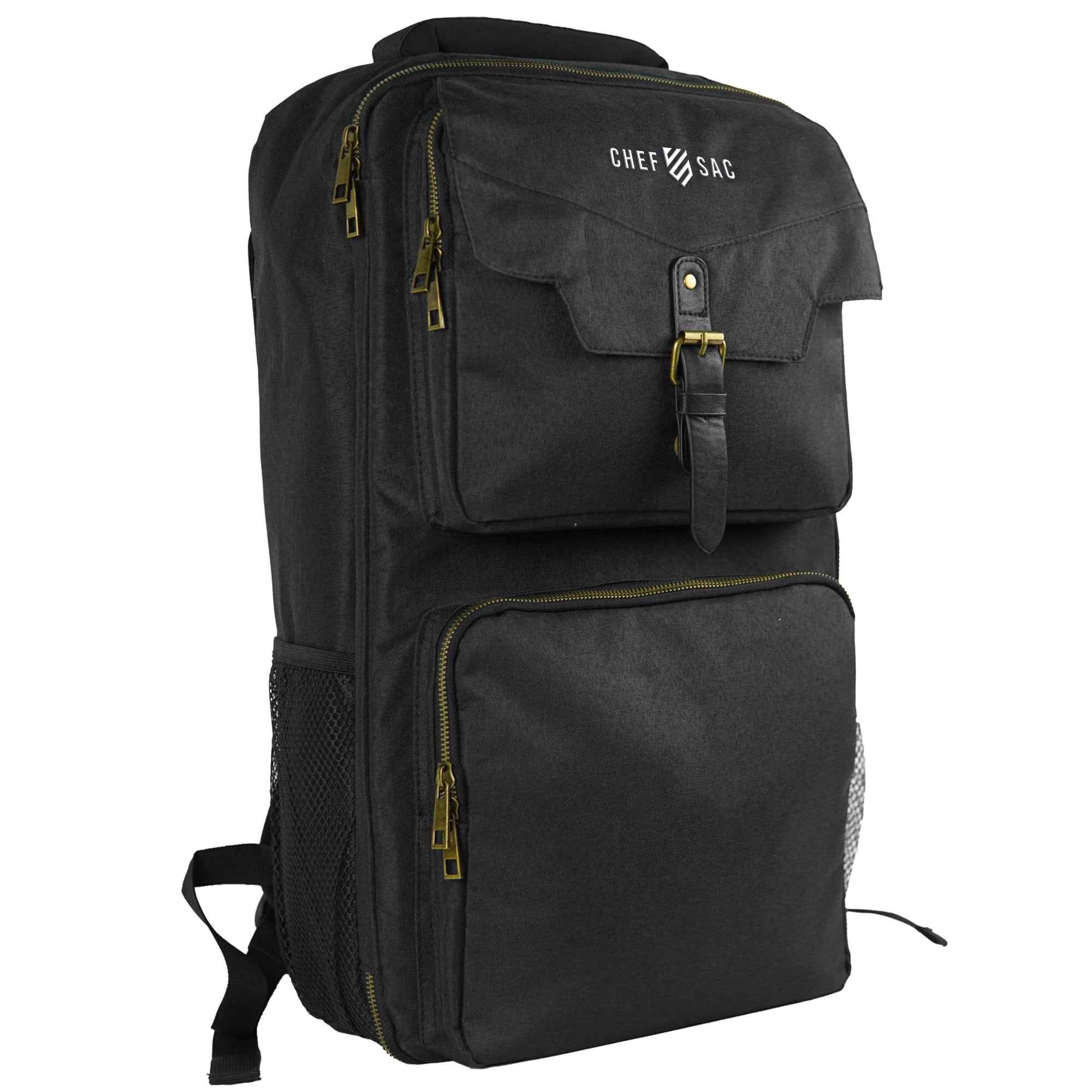 Black chef backpack with visible 'Chef Sag' branding on a white background