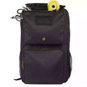 Black chef backpack showing front pockets with various items on a white background