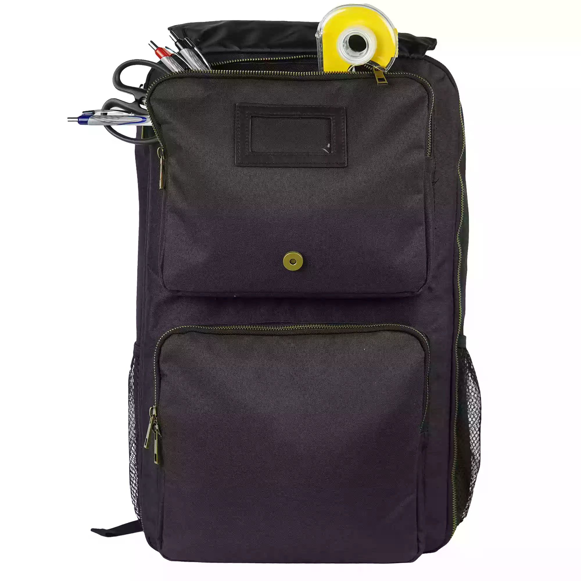 Black chef backpack showing front pockets with various items on a white background