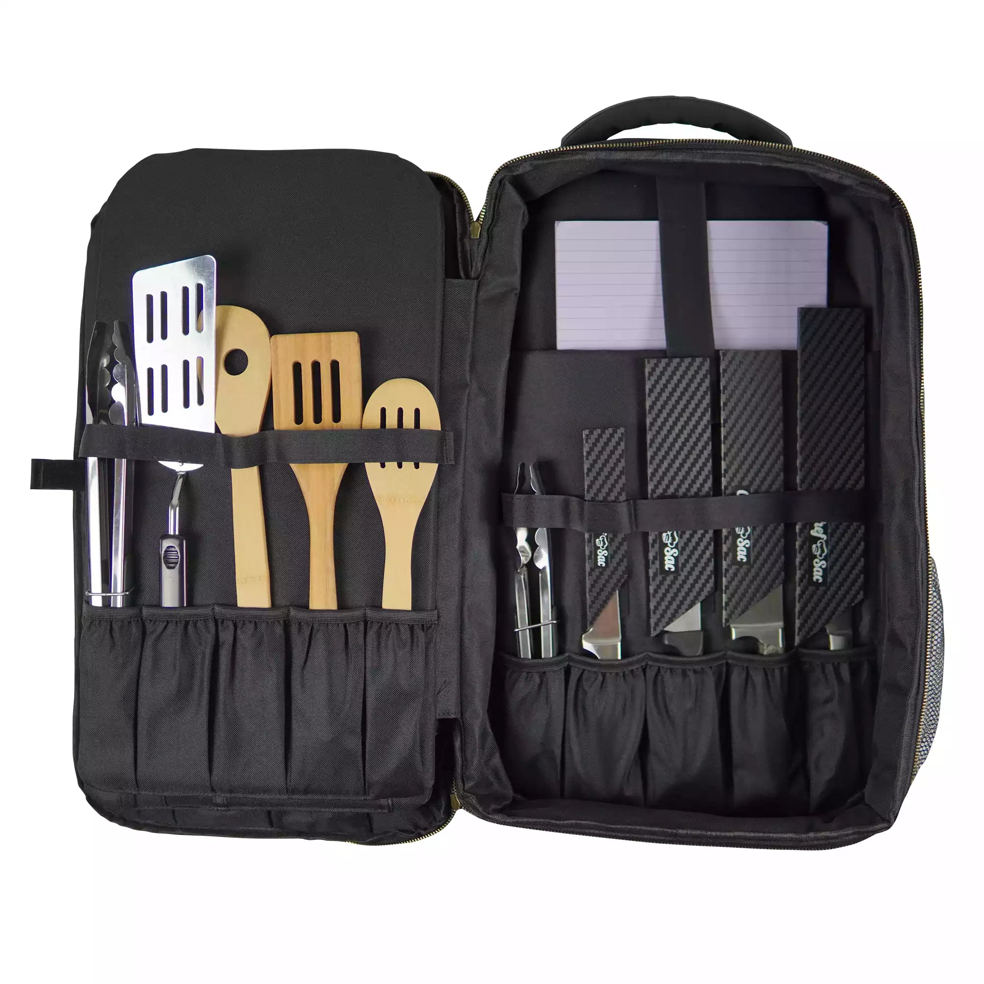 Black chef backpack with open panels showing kitchen utensils and tools organized inside on a white background