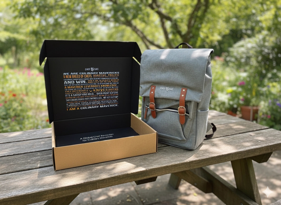 Gray backpack with 'Chef Sac' logo with brown straps on a wooden bench outdoors