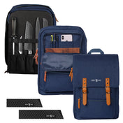 blue chef backpack with brown straps and and knife guards on a white background