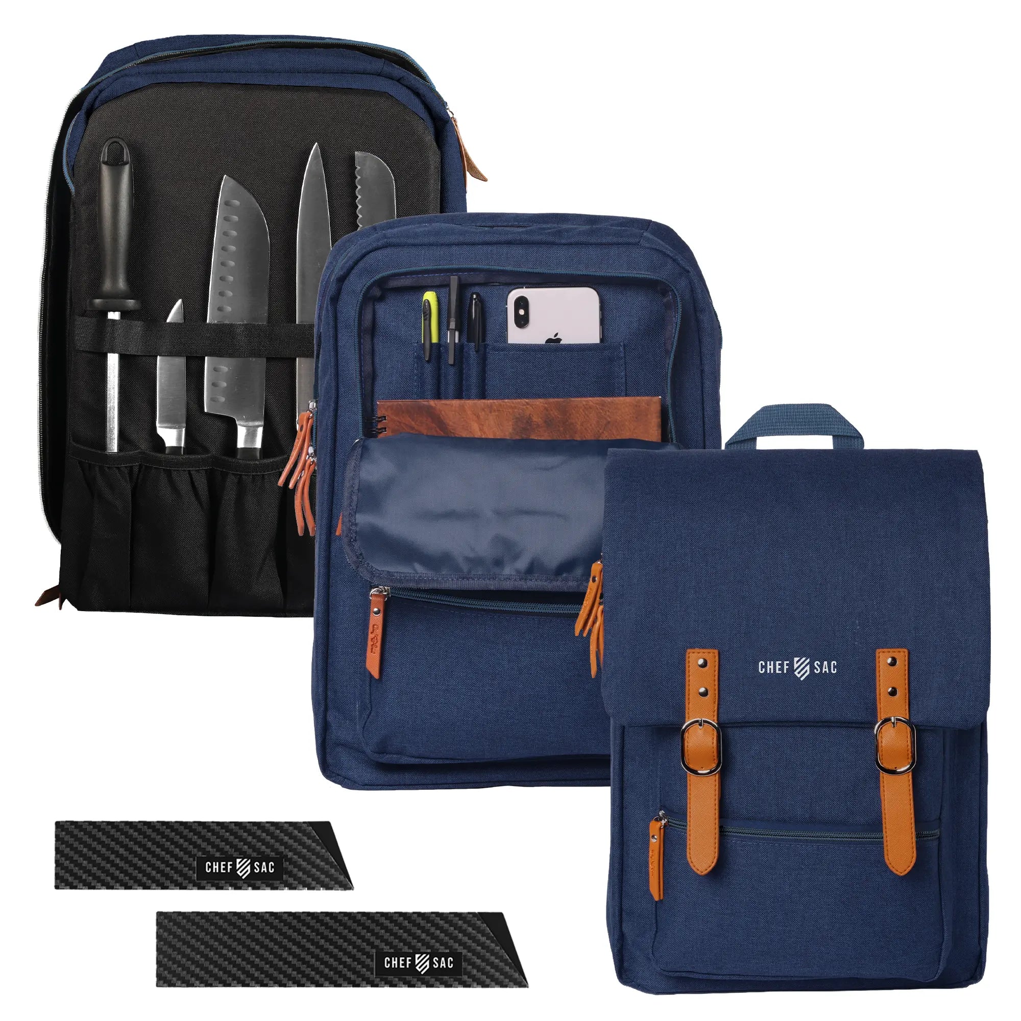 blue chef backpack with brown straps and and knife guards on a white background
